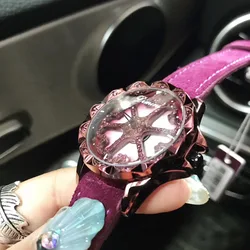 Vintage Noble Purple Watches Women Waterproof Real Fur Leather Strap Wrist watch GOOD LUCK Spinning Watch Crystal Montre Femme