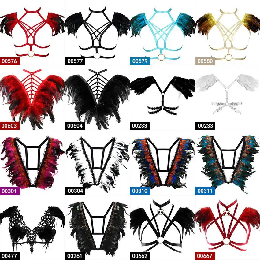 

Red Feather Epaulette Shoulder Wings Body Harness Bra Strap Crop Top Lingerie Women Plus Size Punk Goth Festival burning Apparel