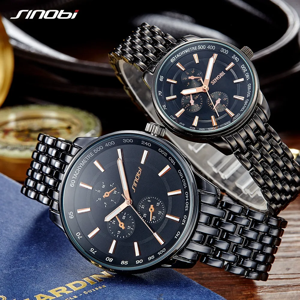 SINOBI Brand Luxury Fashion Men Watches Classics Stainless Steel Men Wristwatch Black Sports Geneva Watches Relogio Masculino