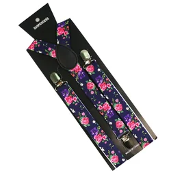 Winfox New Purple Pink Flower Floral Print Adjustable Mens Womens Unisex Clip-on Suspenders Unisex Elastic Y-Shape Braces