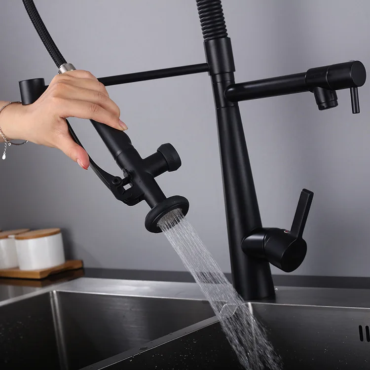 580mm High Matte Black All brass Multi-function kitchen faucet pull down Spring Mixer faucet with double mode spray double spout