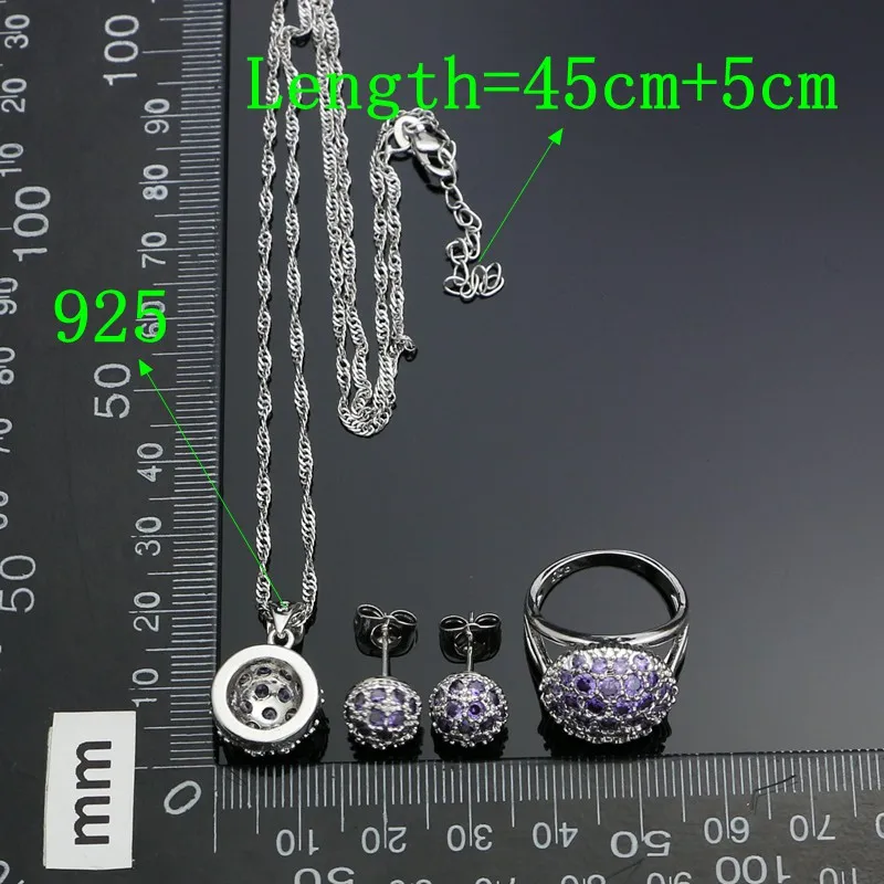 925 Silver Jewelry Sets For Women Football Shape Purple Cubic Zirconia Stud Earrings Pendant Ring Bracelet Necklace Silver Sets