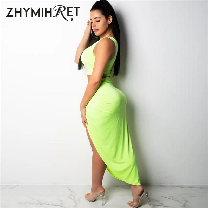 ZHYMIHRET 2023 Summer Neon Color Two Piece Set Dress For Women One Shoulder Tops Side Ruched High Split Dress Bandange Vestidos