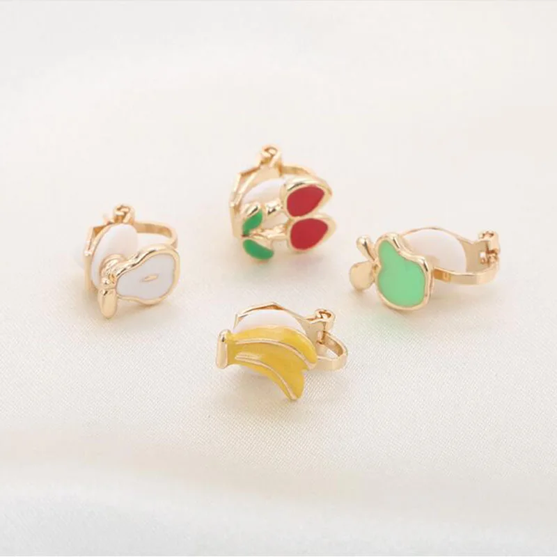 Grace Jun New Fashion  Apple Pears Banana Cherry Shape Enamel Clip on Earrings No Pierced for Girls Cute Small Ear Clip