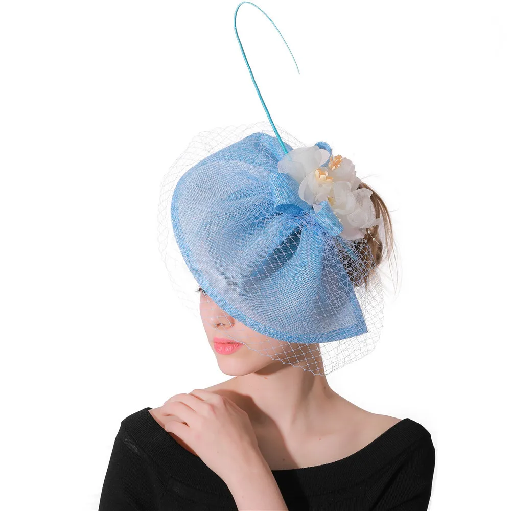 

Elegant Women Fashion Mesh Fascinators Ivory Silk Flower Wedding Pillbox Fedora Hats Women Light Blue Accessory Headbands