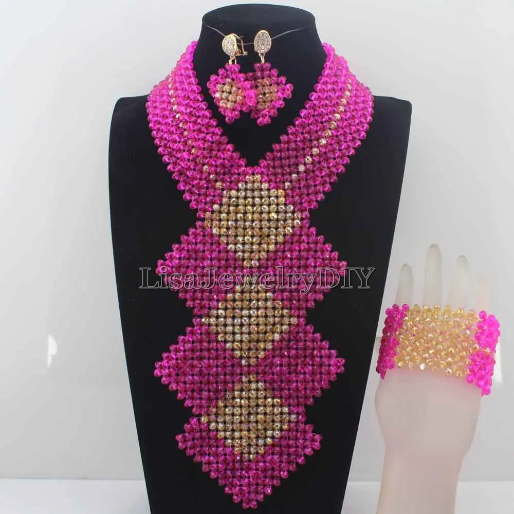 

Splendid Hot Pink/ African Costume Bridal Jewelry Set Wedding Bib Statement Necklace Set Women Style Free Shipping HD7707