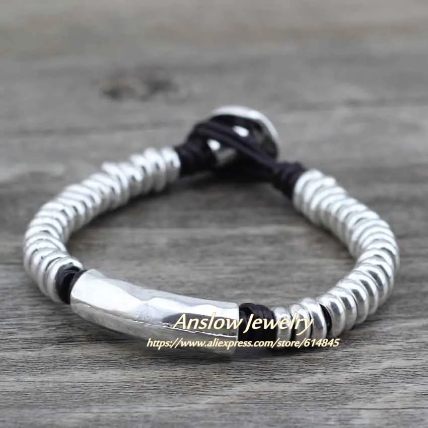 Anslow 2017 New Style New Antique Silver Plated Beads Wrap Rope Leather Bracelet For Women Men Wholesale Factory Sale LOW0559LB