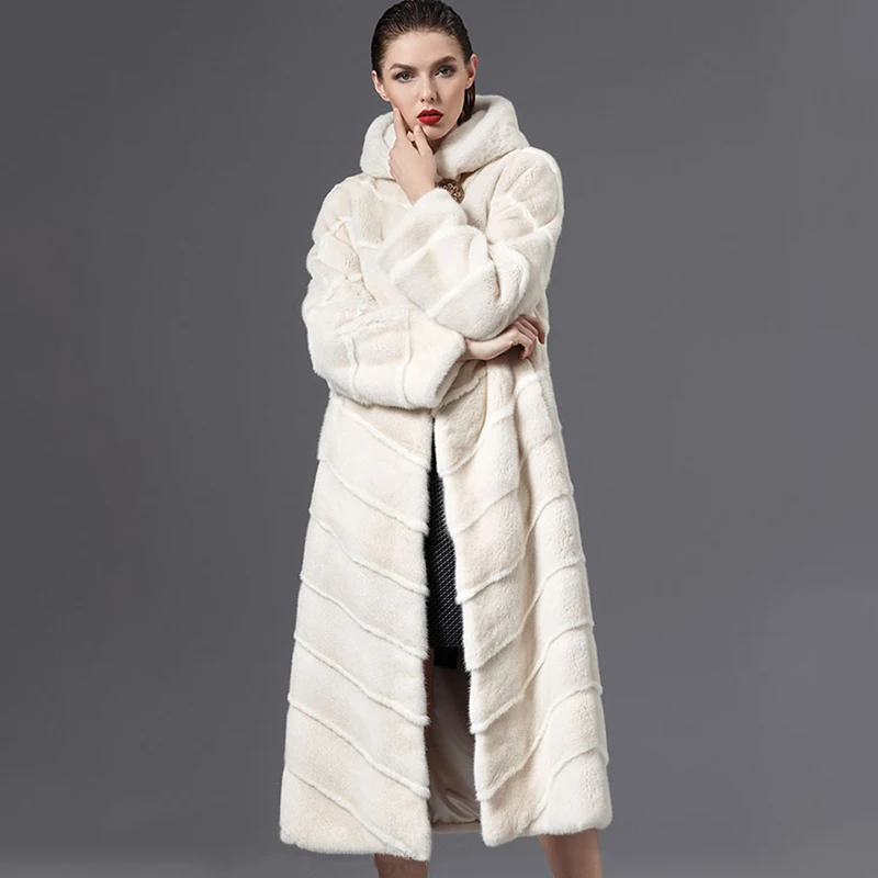 Ftangaiur New Winter Women Jacket Import Mink Fur Coat Slim With Fur Hood Striped Button Mink Coat X-Long Real Mink Fur Coats