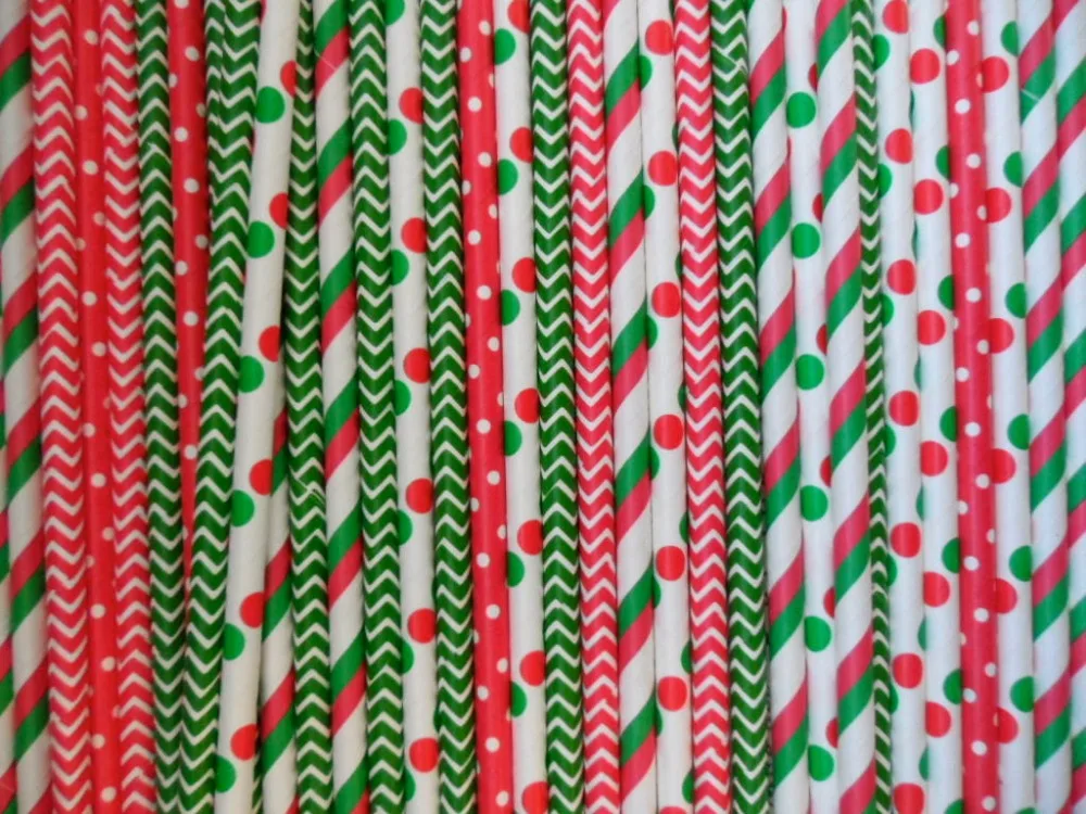 Free Shipping 2000 Pcs Pick Colors Christmas Paper Straws-Green Red Striped Dot Chevron Star Party Drinking Paper Straws Bulk