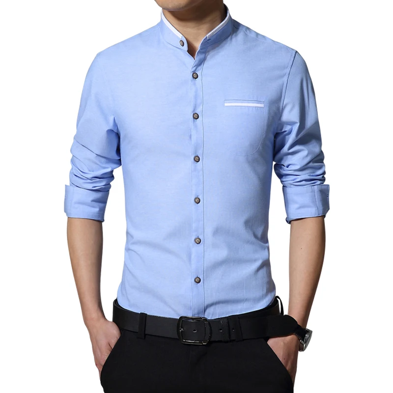 2024 New Brand Men\'s Casual Shirt Long Sleeve Banded Collar Easy Care Collarless Shirts Slim Fit Dress Shirt For Men Business