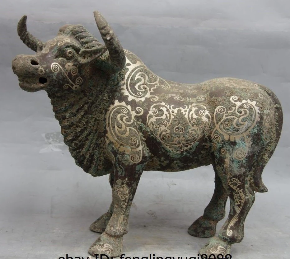 14 Chinese Dynasty Pure Bronze Silver-Gilt Bull Cattle Ox Cow Statue Sculpture