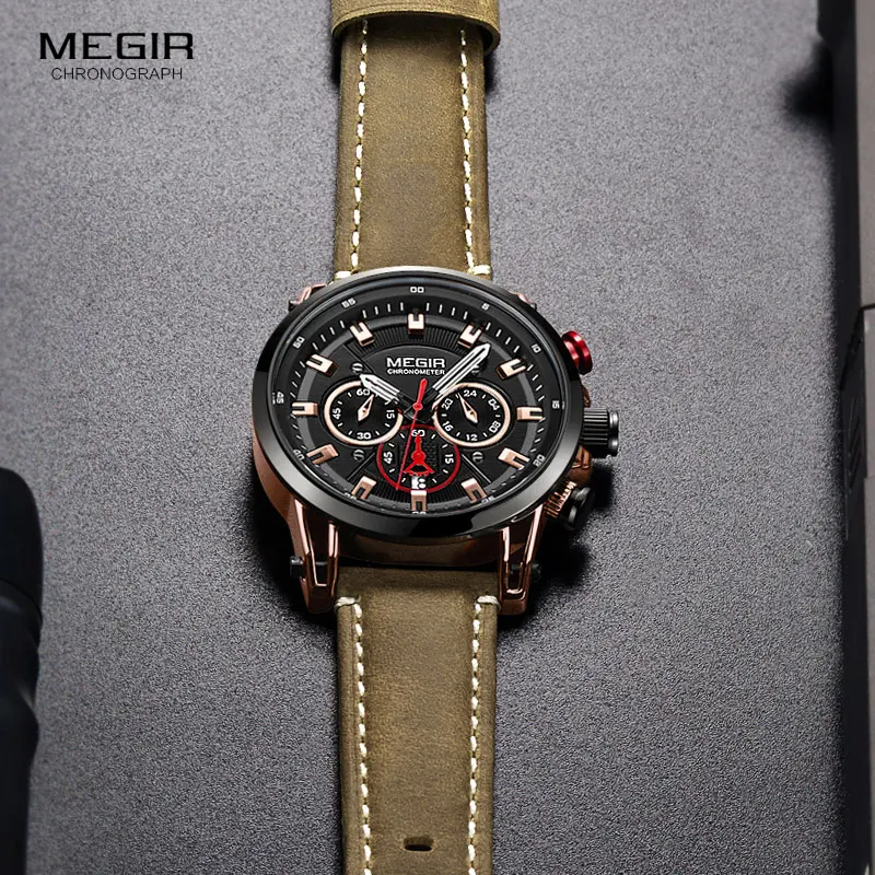 Megir Men\'s Chronograph Quartz Watches Leather Strap Clock Sportz Army Wristwatch for Man Relogios Masculino 2085 Rose Black