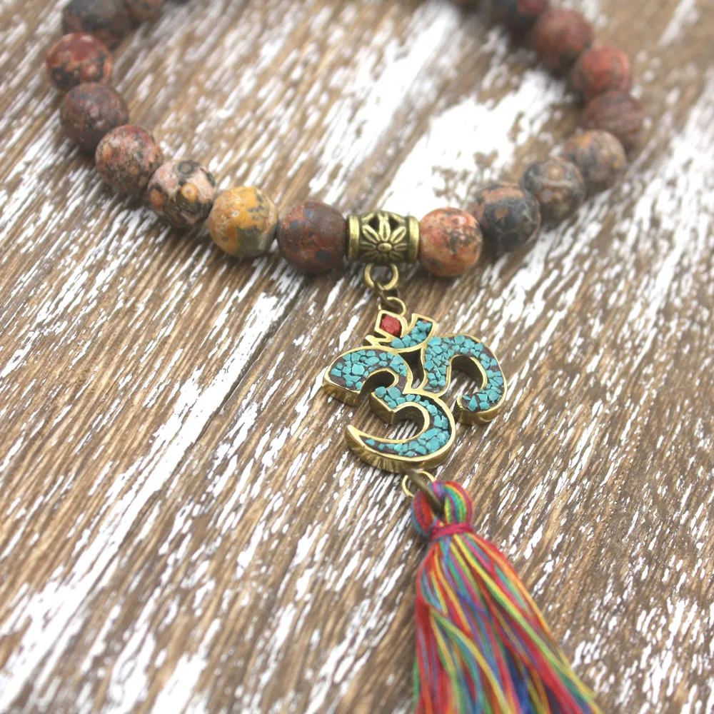 8mm Leopard Skin Stone With OM Nepal, Coloured Cotton Tassel Bracelet Boho Jewelry