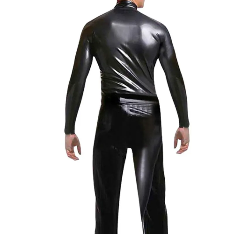 New Strong Men Black Leather Latex Bodysuit Top PU Sexy Zentai Catsuit Gay Male Leotard Open Crotch Zippre Jumpsuit Costume