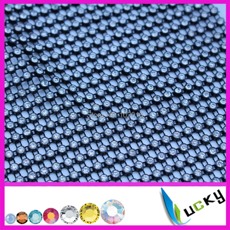 Free shipping! 5 yards black plastic base 24 rows rhinestone trim with high quality clear strass crystal mesh chains