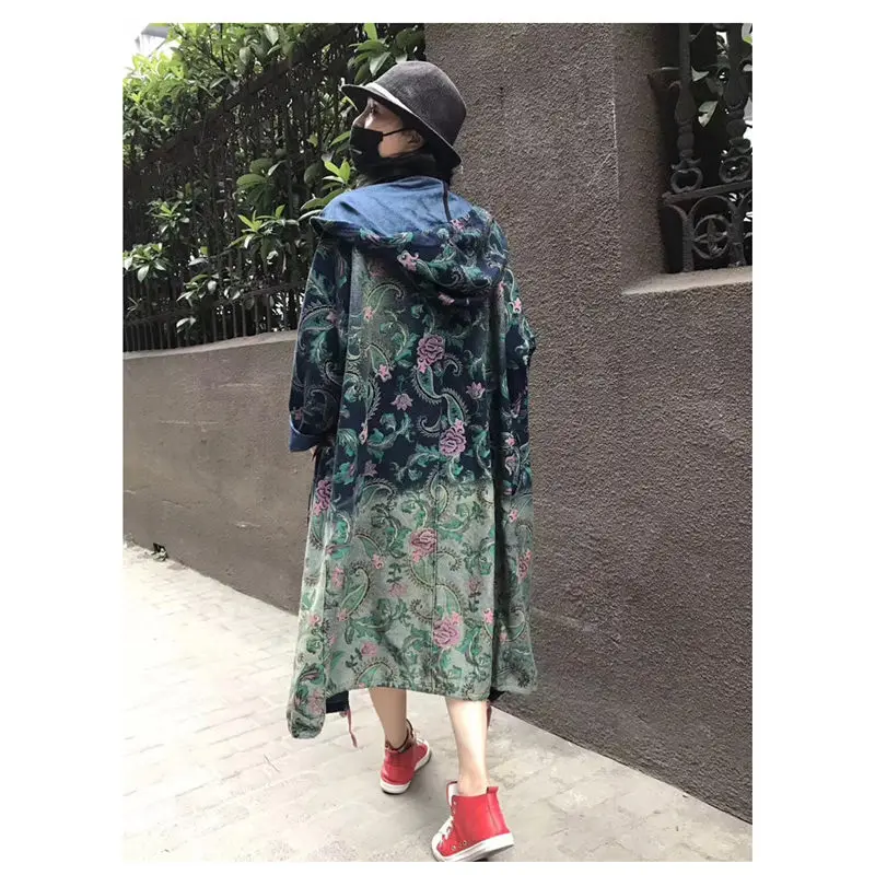 2023 New Harajuku Denim Trench Coat For Women Oversizes Jeans Outerwear Long Sleeve Single-breasted Retro Print Streetwear f924