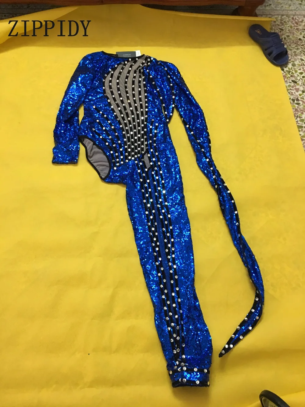 Blue Sequins Crystals Single Leg Irregular Bodysuit Beads Jumpsuit One-piece Costume Singer Dance Performance Outfit Stage Wear