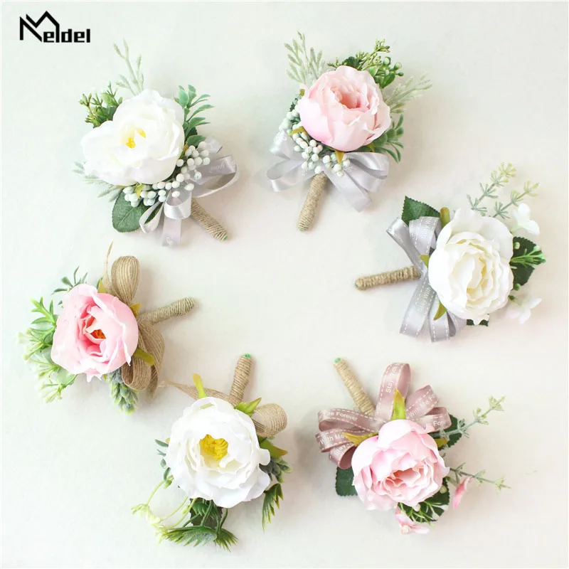 Meldel Boutonniere Wedding Corsage Groom Brooch Bride Wrist Corsage White Pink Silk Flower Bridesmaid Bracelet Marriage Supplies