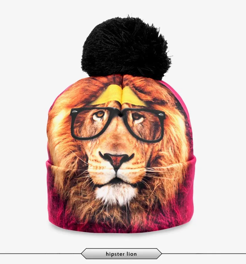 3D Printed Beanie Pompon Print Winter Women Knitted Hat Unisex Different Print Cat Bone Beanies