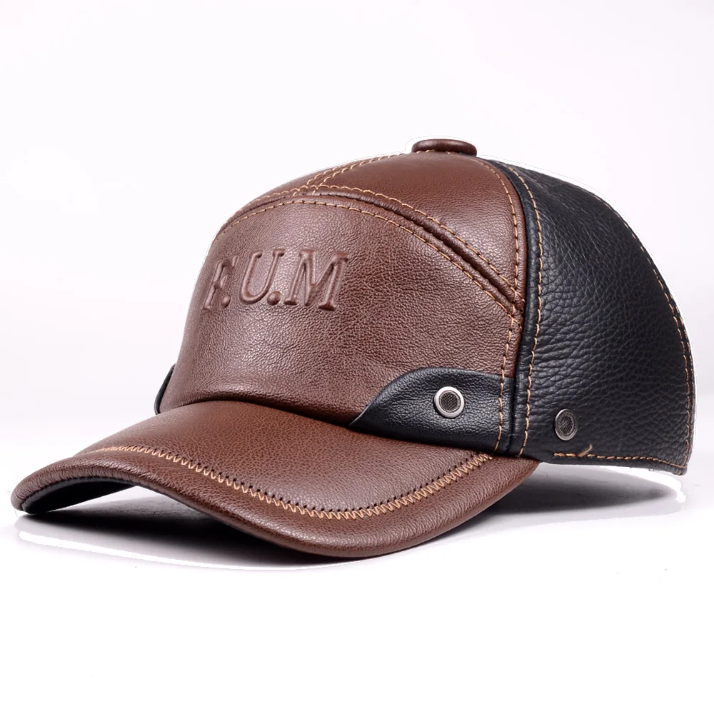 New Men's  genuine Leather Winter Warm Cowhide Baseball Golf Cap/Hat adjustable