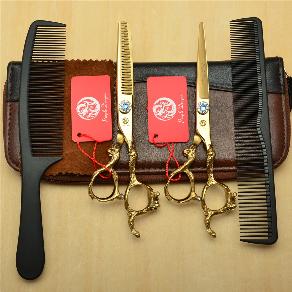 4Pcs Set 9003# 6'' Dragon Carve Golden Color Hairdressing Shears Combs + Cutting +Thinning Professional Human Hair Scissors Suit