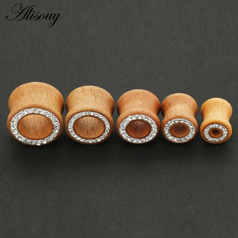 1PC Fashion Ear Plugs Wood Flesh Tunnels Zircon Crystal Rhinestone 8mm-16mm Saddle Ear Taper Body Piercing Jewelry Men Women