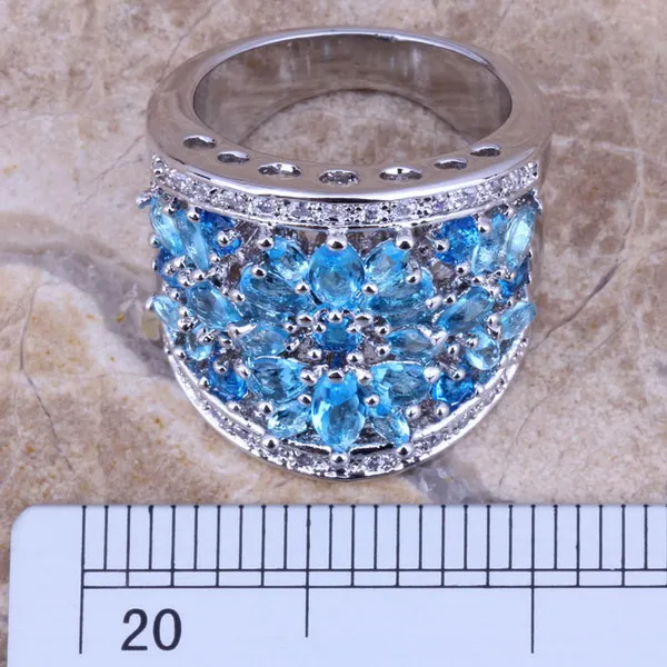 Unique Sky Blue Cubic Zirconia White CZ Silver Plated Ring Size 5 / 6 / 7 / 8 / 9 / 10 S0181