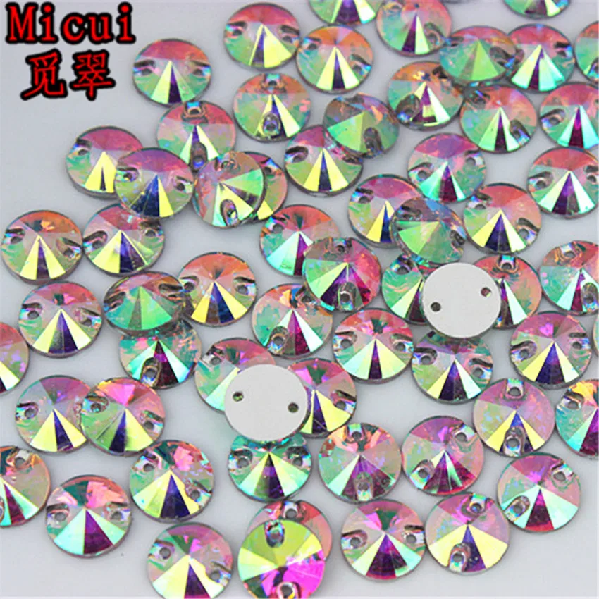 Micui 200-50pcs 8 10 12 14mm Round Sew On Crystal AB Resin Flatback Rhinestone Crystal Stones With 2 Holes for DIY Crafts MC300