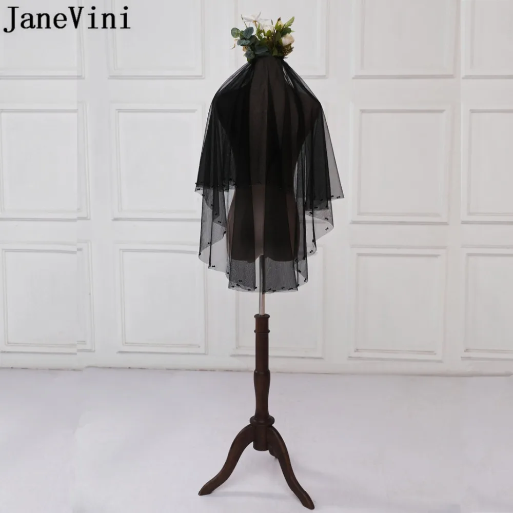 JaneVini-velos de novia cortos sencillos de dos capas para mujer, velos de tul suave con cuentas negras, longitud hasta el codo, borde cortado, accesorios de boda cortos