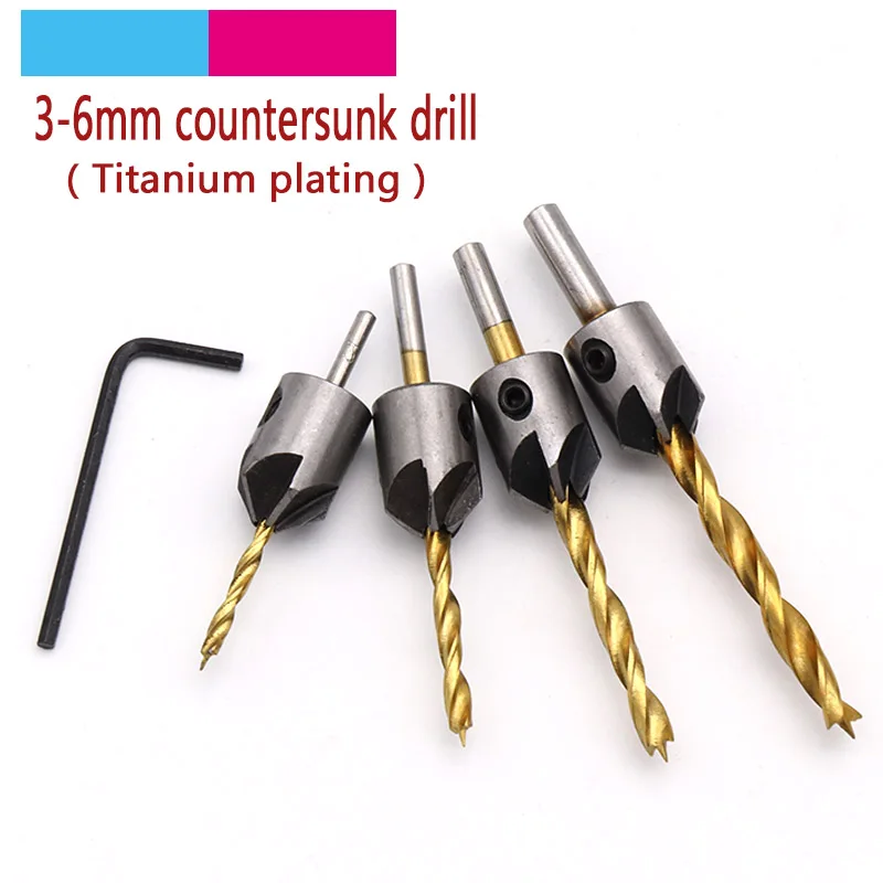 5pcs Titanium Hex Shank Cone Hole Twist Drill Bit Woodworking Countersunk Drilling Hole Hardware Tools Screw Reaming