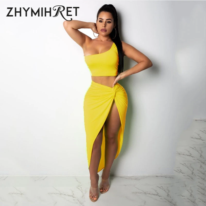 ZHYMIHRET 2023 Summer Neon Color Two Piece Set Dress For Women One Shoulder Tops Side Ruched High Split Dress Bandange Vestidos