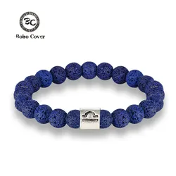 Men 12 Zodiac Signs 8mm Beads Bracelets Handmade Vintage Blue Lava Stone Beads Elastic Bangles Women Jewelry Gifts Drop Shipping