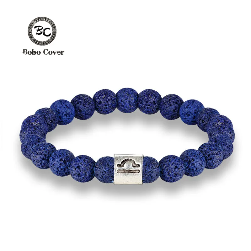 Men 12 Zodiac Signs 8mm Beads Bracelets Handmade Vintage Blue Lava Stone Beads Elastic Bangles Women Jewelry Gifts Drop Shipping