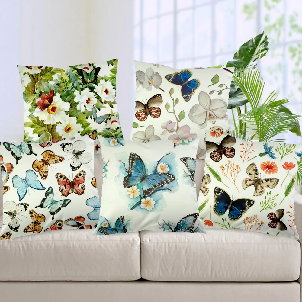 Colorful Butterfly Silk Like Fabric Cushion Cover Flower Decorative Pillow Cover Housse De Coussin Funda Cojin Capa Almofada