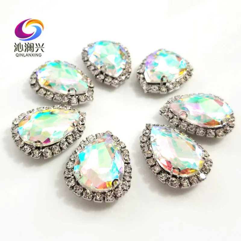 Top Grade Silver Bottom Glass Crystal Buckle, AB Color Drop Shape Sew on Rhinestones,Diy/wedding Decoration SWSKY06