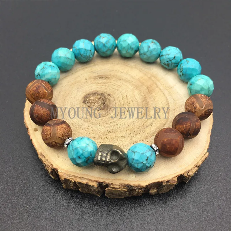 MY0812 Round Turquoises Beads Skull Head Bracelet Blue Howlite Brown DZI Beads Bracelets