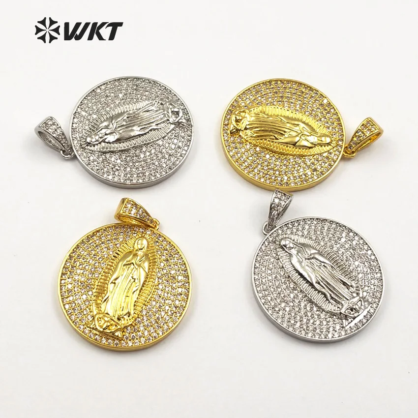 WT-MP106 Gold And Silver Color Vermeil Virgin Mary Medallion Pendant In Round Shape CZ Pave Charming Pendant For Women Necklace