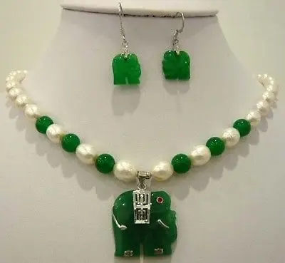 

hot sell new - White pearl green stone elephant pendant necklace earring set