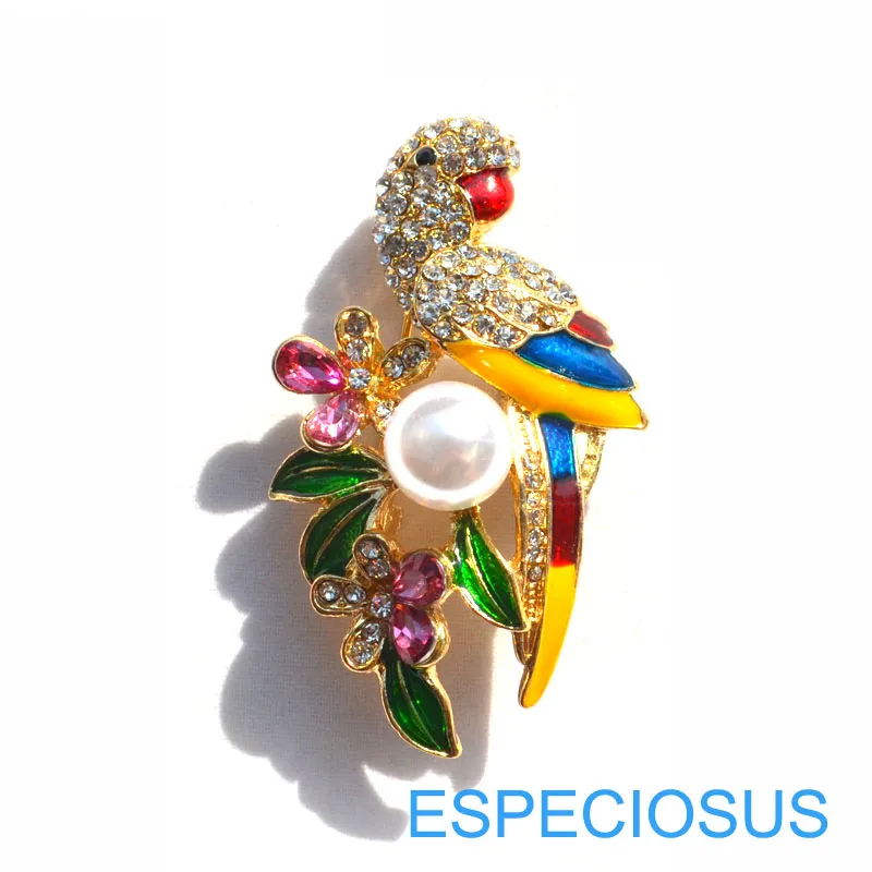 Elegant Pin Rhinestone Parrot Brooch Painted Gold Color Pearl Giraffe Women Breast Pin Multi-Color Lady's Garment Gifts Jewelry