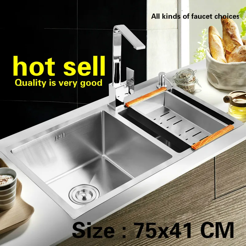 

Free shipping Household Kitchen sink durable manual thick stainless steel vogue double groove 75x41 CM
