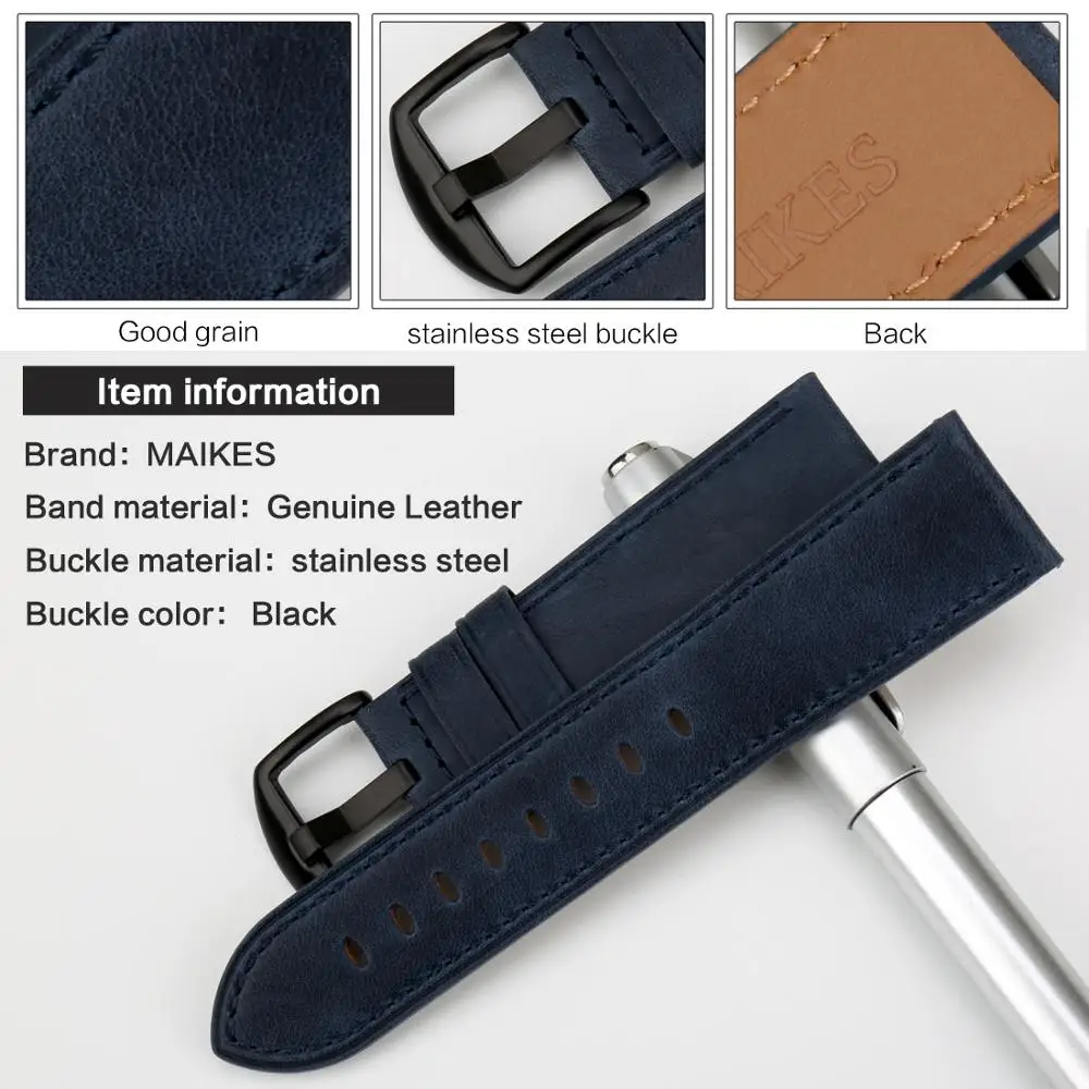 MAIKES Hight Quality Genuine Cow Leather Watch Strap Accessories Blue 22mm 24mm Men Women Business Watch Band