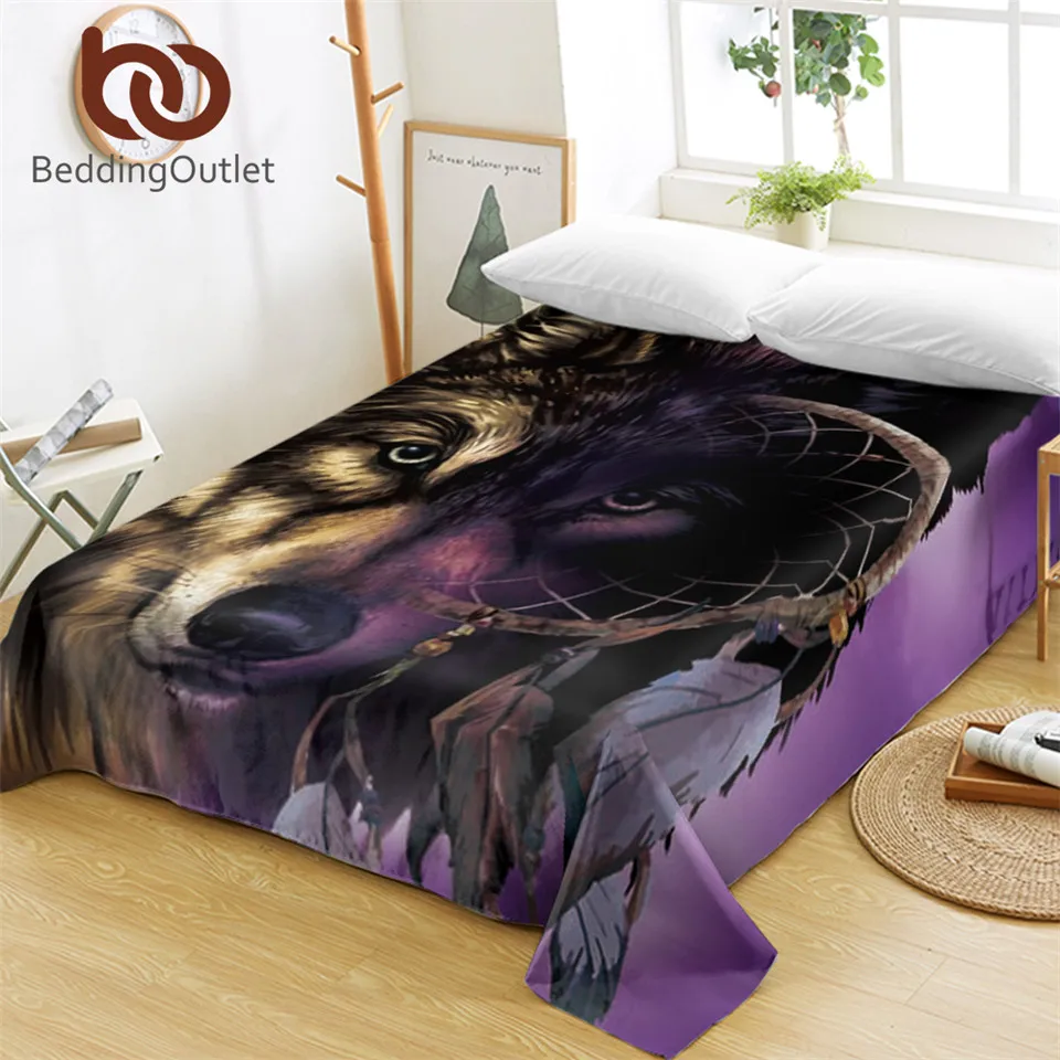 BeddingOutlet Wolf With Dreamcatcher Bed Sheets 3D Printed Flat Sheet Purple Brown Bed Linen Animal Bedspreads Queen 1pc