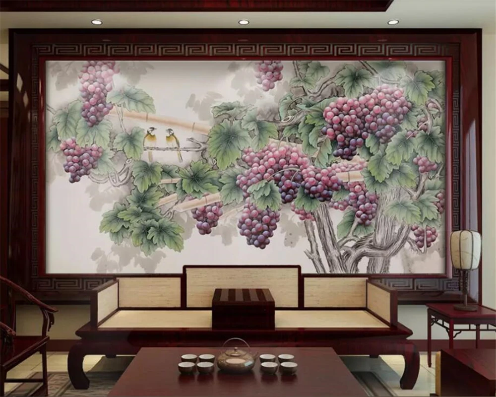 Custom photo fruit mural wallpaper oil painting grape flower bird Bedroom living room background wall decoration 3d wallpaper