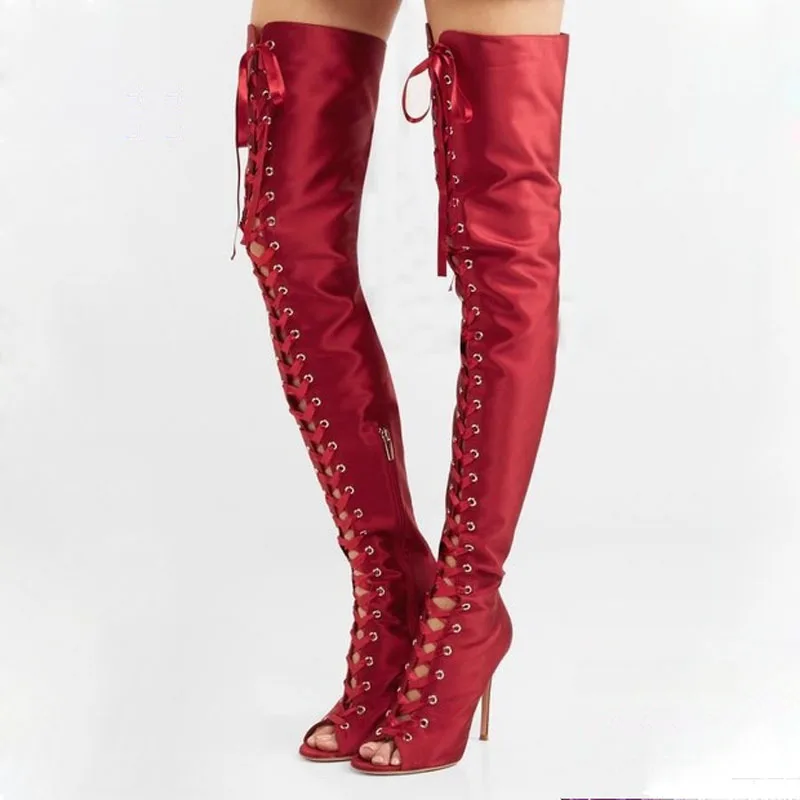 

Sexy Ladies red champagne Silk Peep toe Lace-Up Thigh Boots Stiletto High Heels Ribbons Cross-tied over Knee Boots