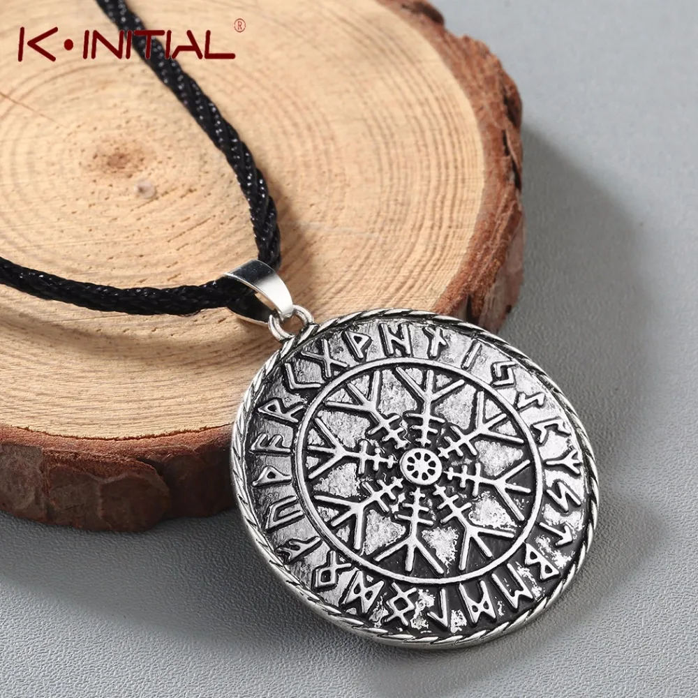 Kinitial Antique ODIN\'S Symbol of Norse Runic Pendant men Necklace Viking Runes Vegvisir Compass Pendants Necklaces Jewelry