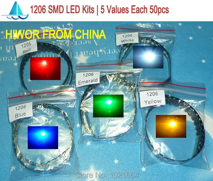 (250pcs/lot)  1206 SMD LED Kits Red Yellow Blue Emerald Green White 5 colors each 50pcs