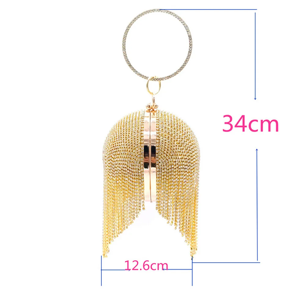 Golden Diamond Tassel Women Round Ball Metal Crystal Clutches Evening Bag Wedding Bridal Shoulder Messenger Handbag Luxury Purse