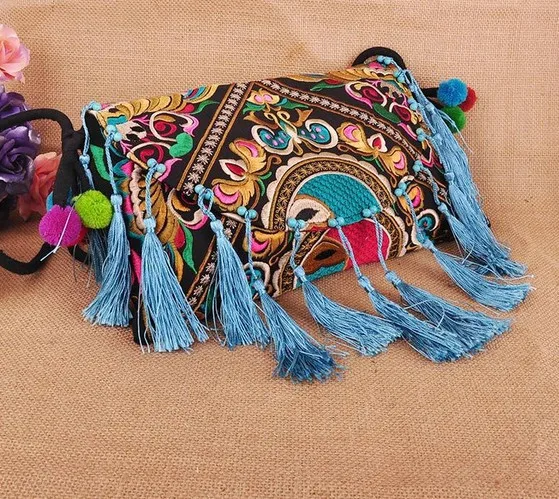 Ethnic embroidery bags Canvas Messenger Shoulder bags Handmade Tassel Woman bags