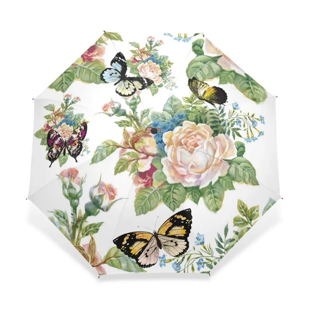 W pełni automatyczny parasol motylkowy trzy składane parasole kwiatowe kobiety dzieci Parasol parasol sprzęt przeciwdeszczowy deszcz Guarda Chuva Paragua