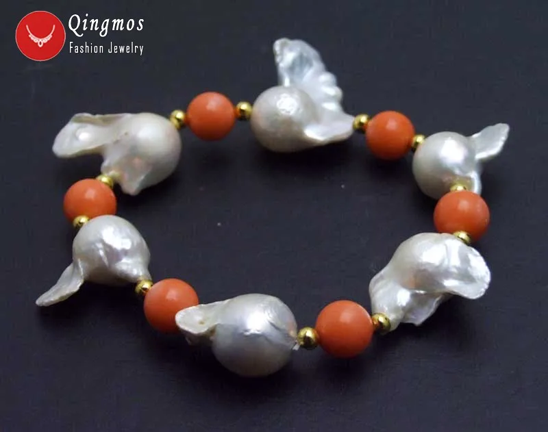 Qingmos 20-35mm White 7.5'' Pearl Bracelet for Women with Baroque Natural Nuclear Pearl and 9-10mm Pink Coral Bracelet-bra392